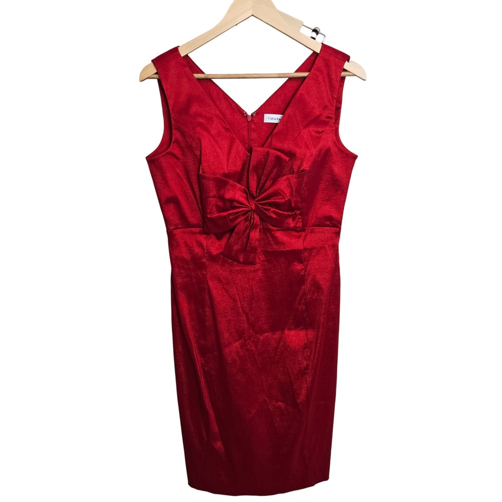 Calvin Klein Red Bow Stretch Sheath Dress Women Sz 8 Cocktail Party Event